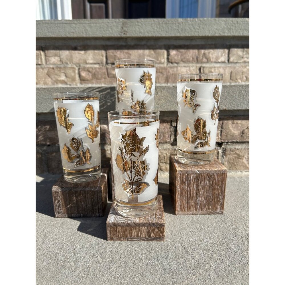 Vintage Mid Century Frosted Golden Rose Glass Tumblers.